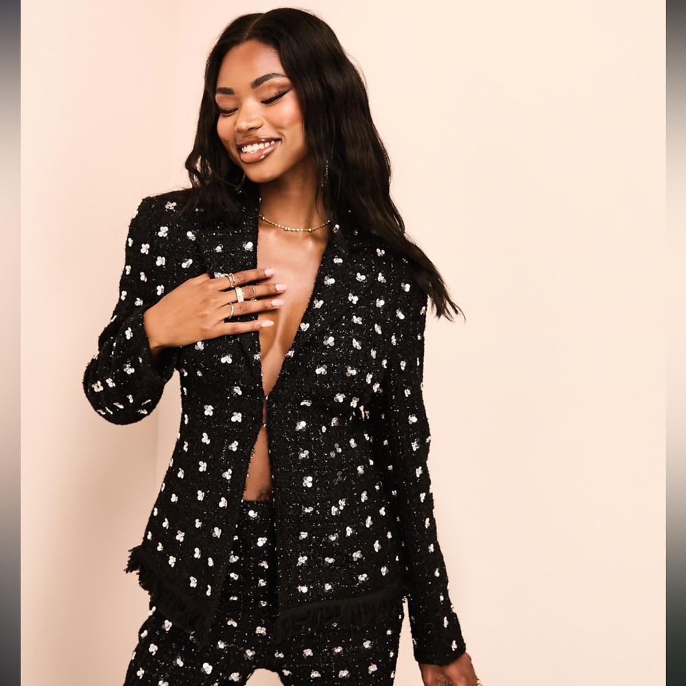 ASOS LUXE embellished boucle blazer with faux feather hem black & silver